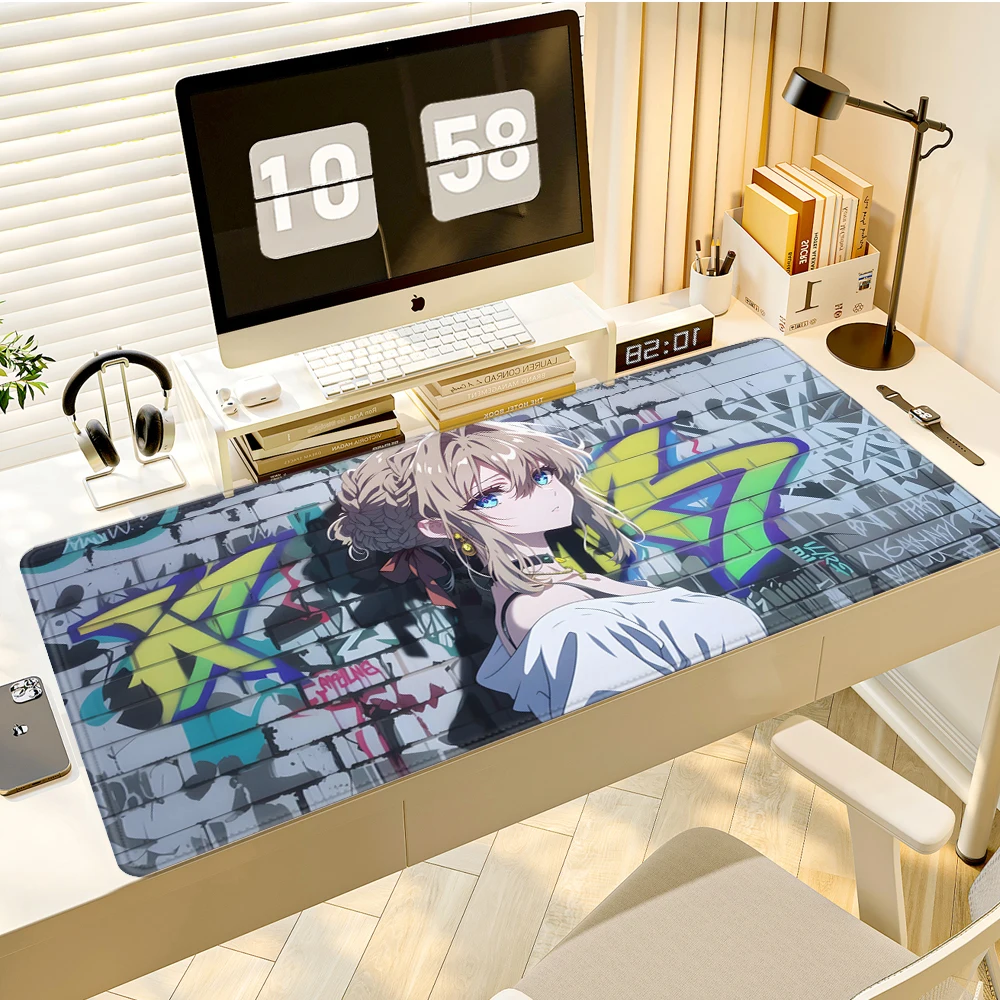 Gaming Mouse Pad,Large Extended Desk Mat,Anti-slip Rubber Base,Stitched Edges,Street Graffiti Brick Wall Bun Hair Anime Girl Mat