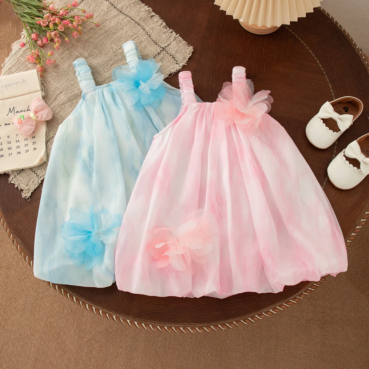 Girls Dresses Summer Mesh Floral Gradient Color Strapless Baby Girl Dress Sweet Casual Fluffy Baby Girl Clothing
