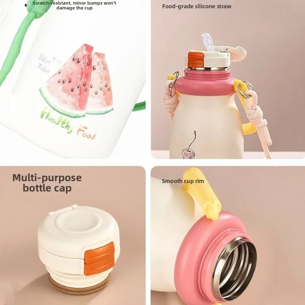 

Leak Proof Stainless Steel Thermal Bottles Fruit Pattern Double Drink Straw Insulated Cup with Handle Ceramic Inner Straw Cup