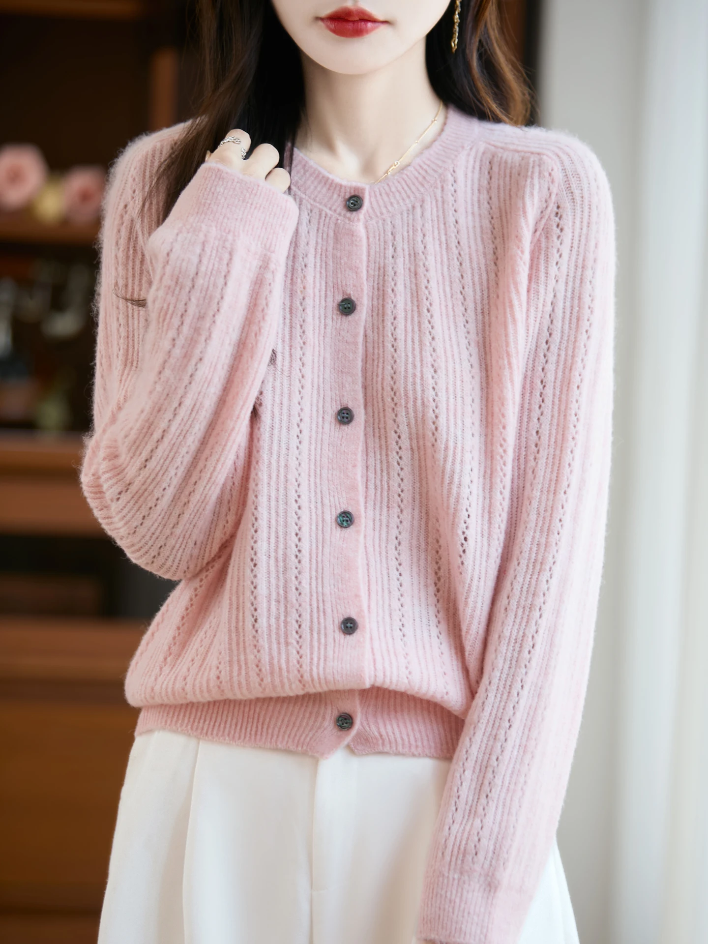 Hollow Out Autumn Winter Woman Sweater Elegant Ladies 30% Merino Wool Knitted Cardigan Cashmere Female Long Sleeve Clothing Tops
