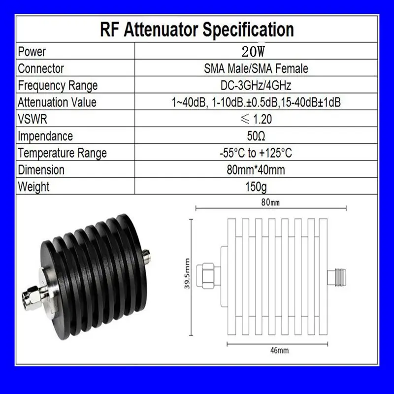 Imagem -06 - Homem ao Conector de Alimentação Coaxial Fêmea de Jack rf tipo Atenuador do Sma Dc3ghz 4ghz 10 15 20 30db 40db 50ohm 20w