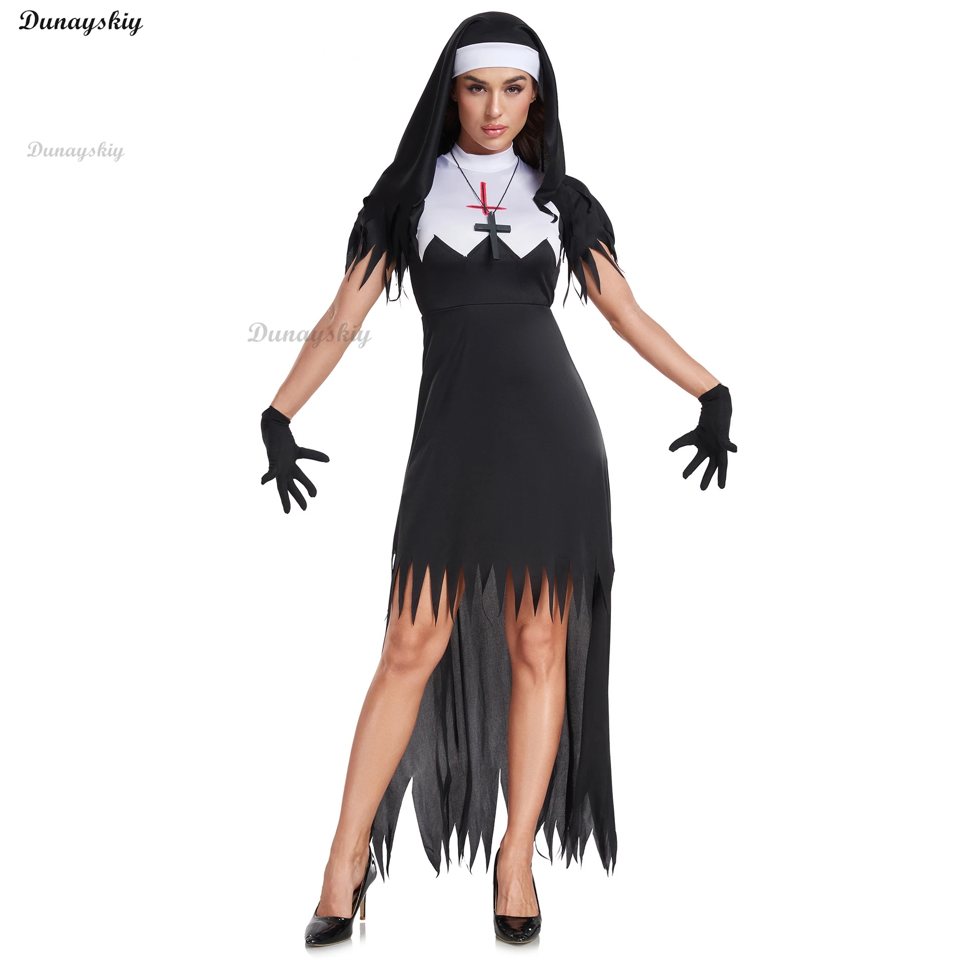 Halloween Nun Cosplay Costume Women Black Scary Sinful Sister Costumes Vampire Demon Costume Cross Print Long Dress