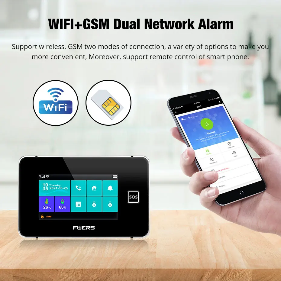 FUERS 4.3 Inch WiFi Wireless Alarm System For Home Security GSM Home Alarm Kit With Siren Tuya Smart Life PIR Motion Sensors
