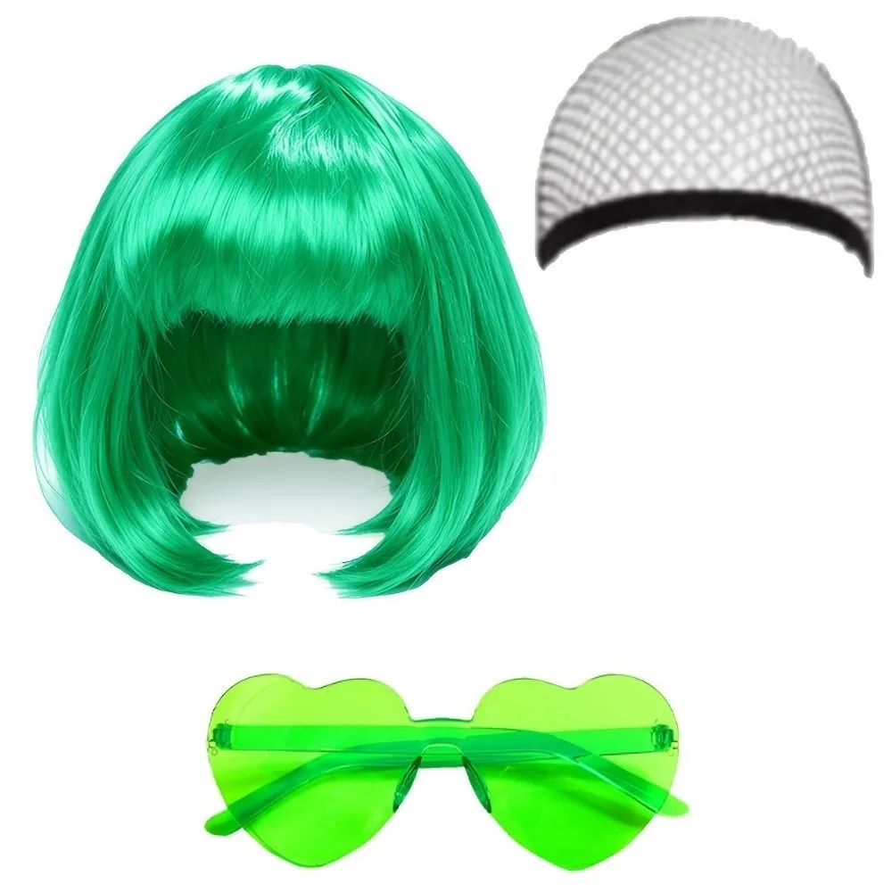 3Pcs Colorful Short Bob Hair Wig Halloween Christmas Cosplay Wig Set Party with Hairnet and Glasses Short Bangs Music Festivals