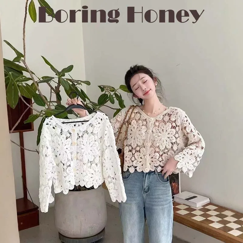 

Boring Honey Seaside Holiday Fashion Loose Top Slim Hollow Crocheted Sweater Summer All-Match Cardigan Long Sleeve Top Women