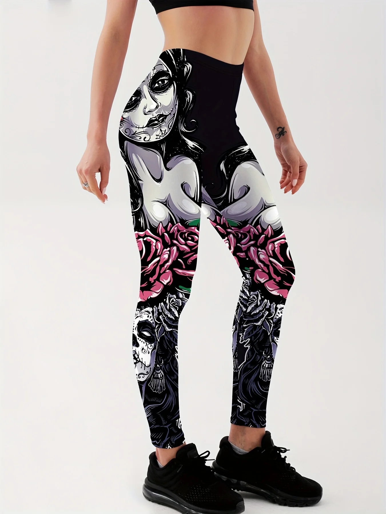 Qickitout New Arrival Women Leggings Sexy Girl With Roses Printed Leggings Gothic Fitness Workout Leggings Mid Waist Pants S-4XL