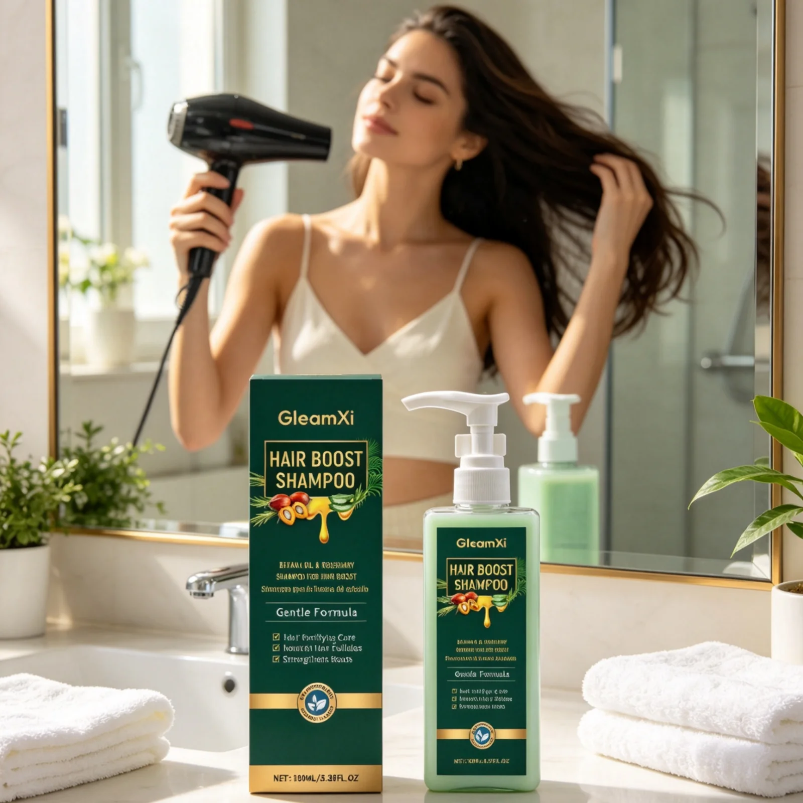 GleamXi Hair Boost Shampoo Gentle Cleaning Smooth Soft Hair Moisturizing Scalp Nourishing Natural Herbal Rosemary Shampoo 100ml