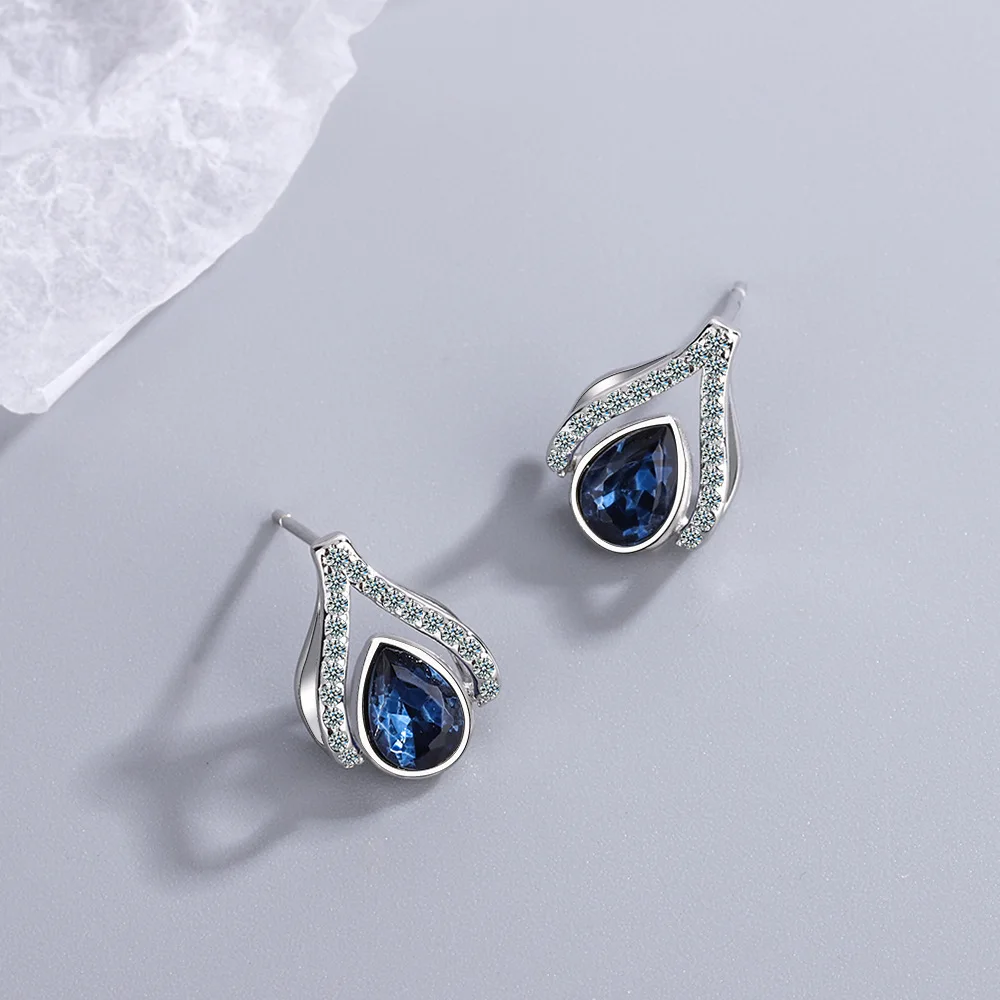 925 Silver Needle Japanese Water Drop Sapphire Flower Earrings Women Light Luxury Temperament Wedding Plata Jewelry