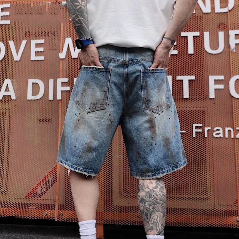 KIDWHXR Men's Denim Short Scontrast Color Distressed Hole Male Casual Shorts Streetwear Loose Straight Man Knee-length Jeans view 3