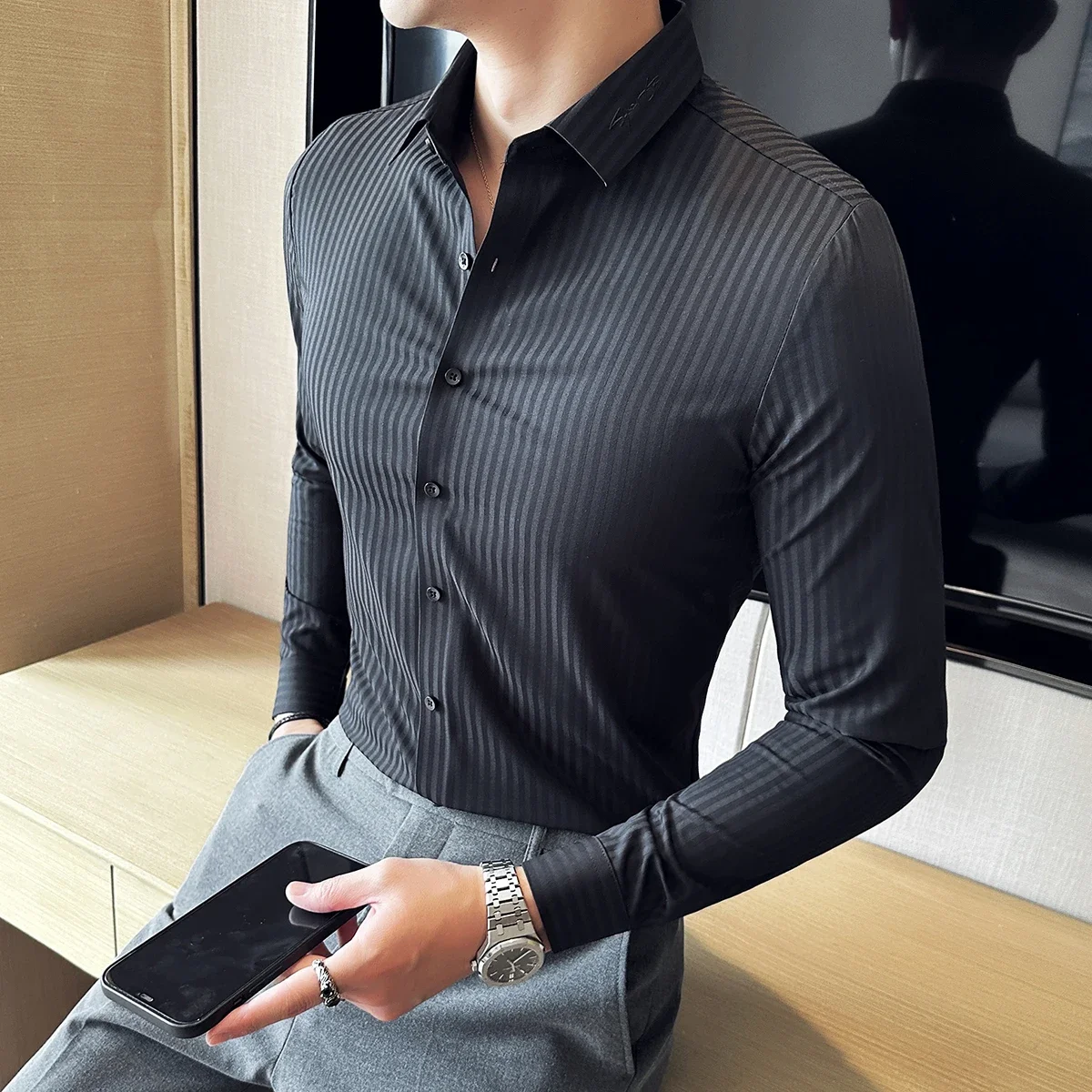 High Quality Dark Stripe Traceless Shirt 2025 Spring New Neckline Embroidery Design Slim Fit Long Sleeve Business Social Shirts