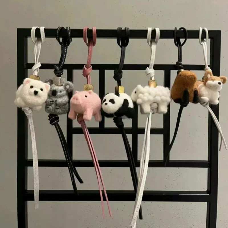 Kawaii Koala Felt Animal Cowhide Genuine Leather Rope Bag Decoration Pendant Home Car Pendants Cute Elephant Dog with Gifts Box