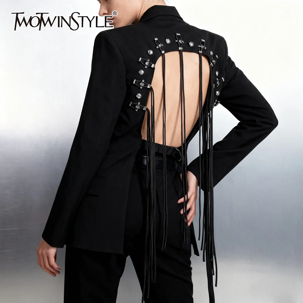 

TWOTWINSTYLE, однотонные элегантные блейзеры со сращенными бриллиантами для женщин, сексуальный женский пиджак с лацканами и длинными рукавами, открытой спиной, лоскутные кисточки