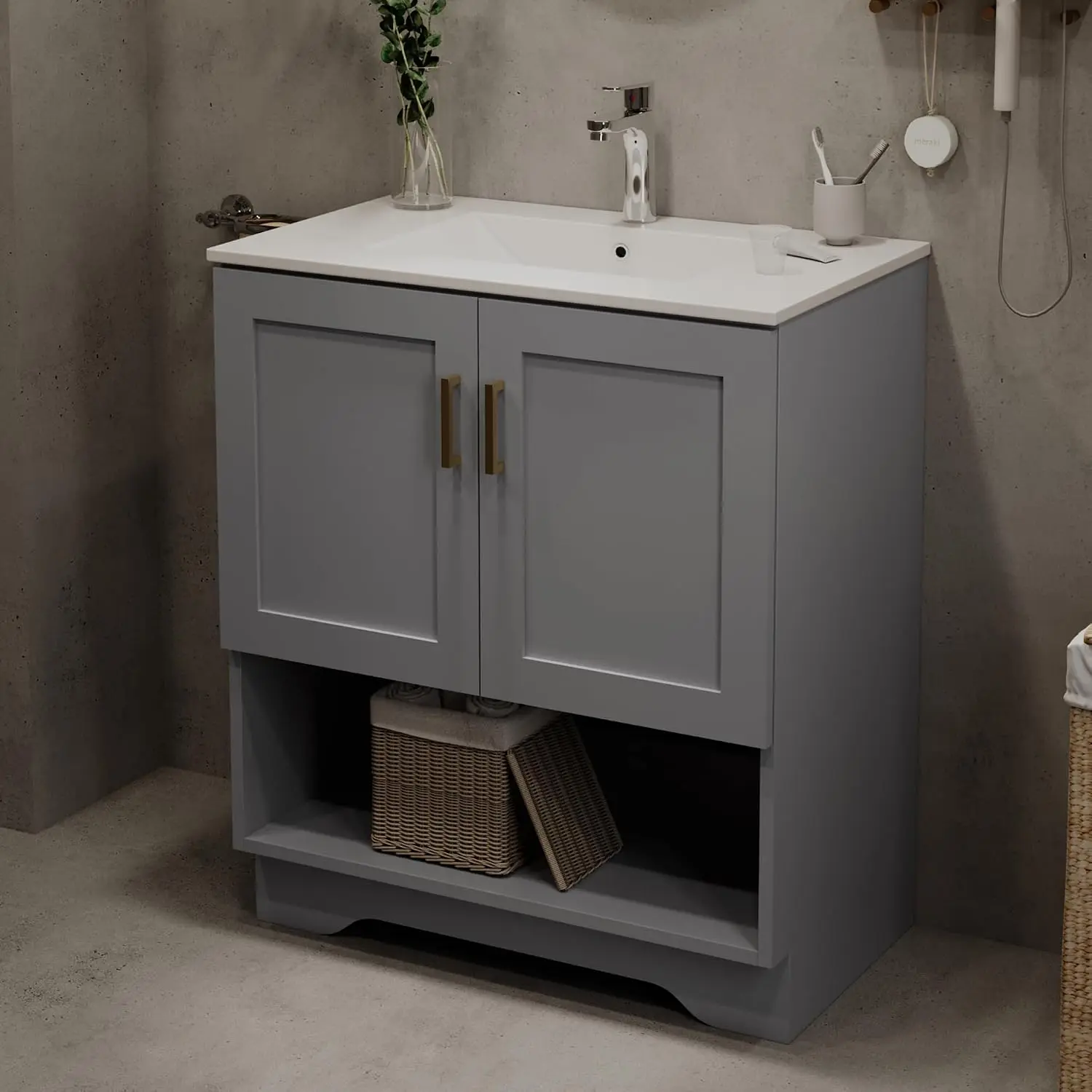 30 Inch Modern Bathroom Vanity with Ceramic Sink - Freestanding Cabinet 2 Soft-Close Doors & 1 Open Shelf, White,Customized