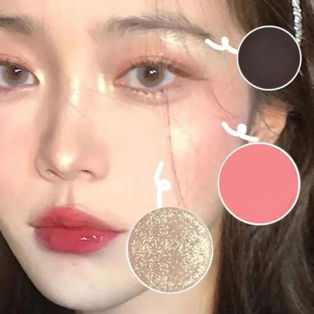 Paleta de rubor resaltador mate 3 en 1, sombra de ojos nacarada brillante, maquillaje, brillo, color melocotón, bronceador, placa de sombra de contorno, cosméticos