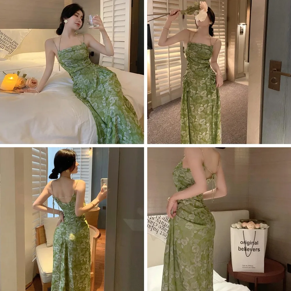 

Sexy Green Print Spaghetti Strap Backless Bandage Dress for Women, Summer Beach Party Night Dress(72 characters)