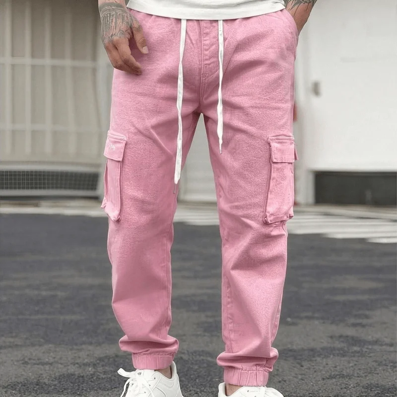 Denim cargo pants, stretch jogger jeans, all-season use, streetwear, multi-pocket convenient storage
