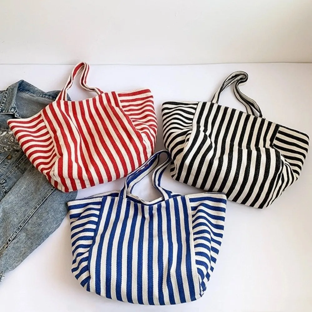 

Portable Canvas Stripe Underarm Bag Shoulder Pouch Shopping Bag Felt Handbag Korean Style Black/Blue/Red Tote Bag Women