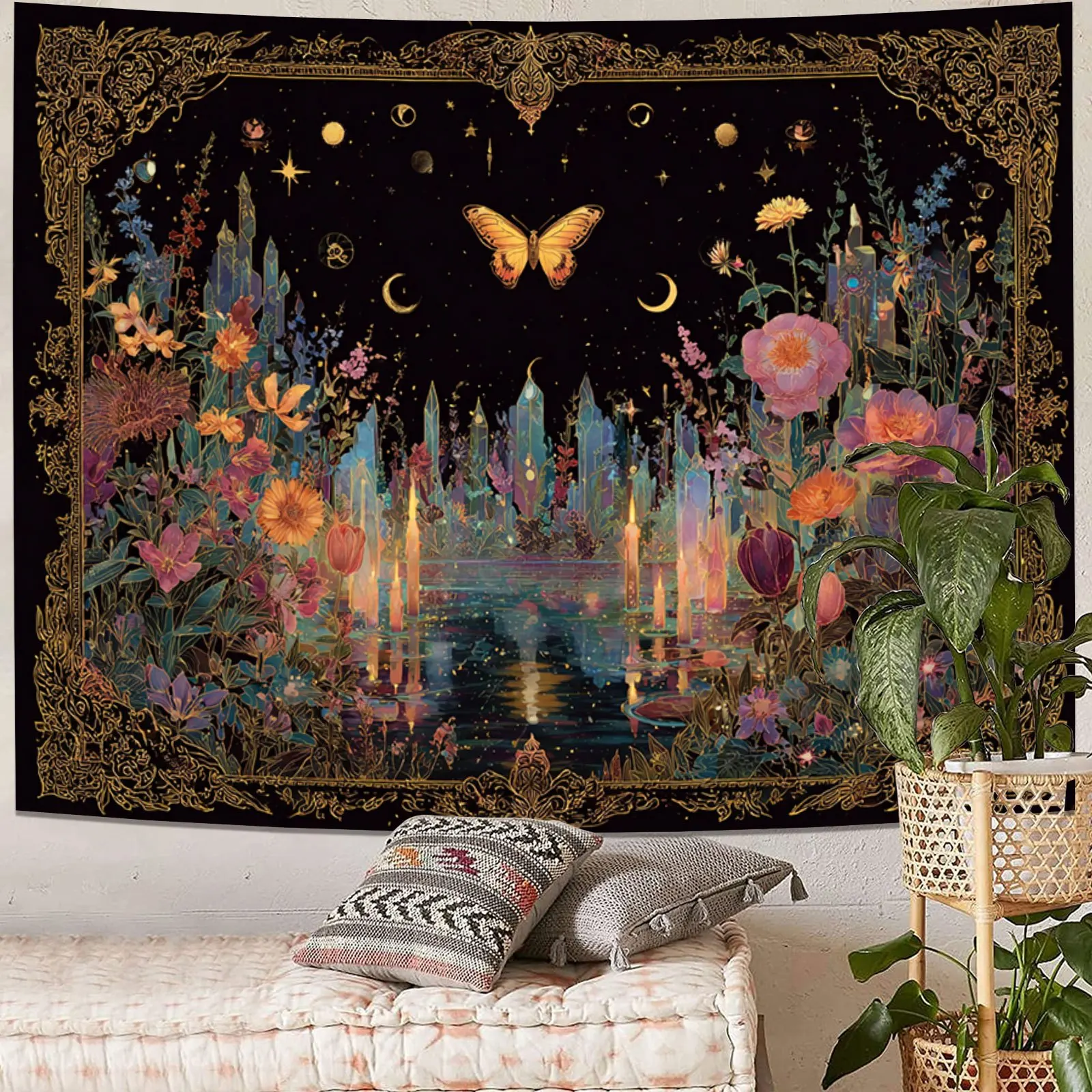 Arte Tapiz  Danza  Mariposas bajo la Luz  la Luna | Colgante  Pared  Poliéster para Sala  Estar, Dormitorio, Decorac