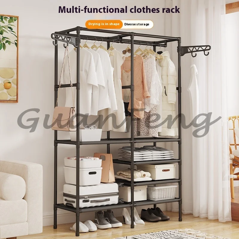 Multi‑Functional Double‑Row Floor‑Standing Metal Coat Rack Home Clothes Storage Organizer with Plastic Fabric for Living Room
