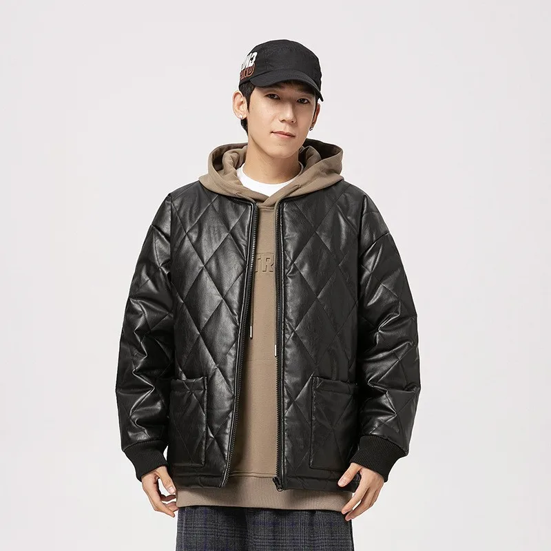 

​Argyle Quilted Men's PU Leather Jacket. American Retro Warm Woman's Baseball Coat, Oversize Casual Winter Parkas For Man