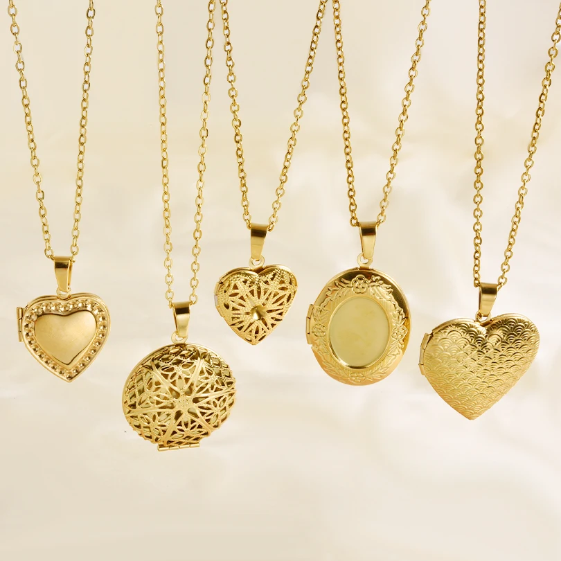 1pcs Delicate Stainless Steel Oval Heart Golden Locket Pendant Necklaces Romantic Valentine Frame Promise Love Keepsake Gift