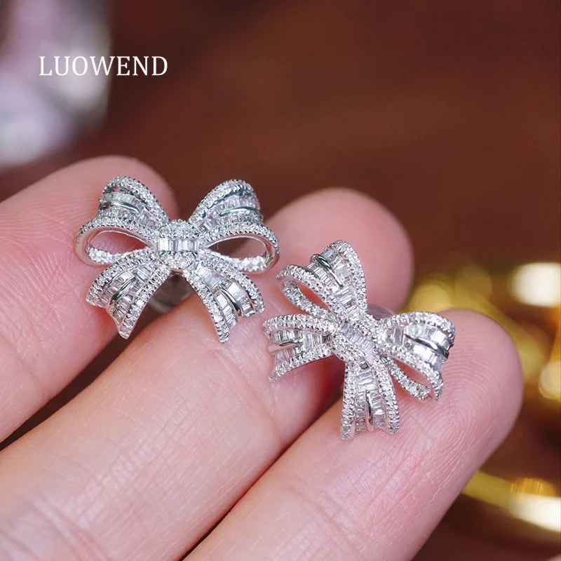 LUOWEND 100% 18K White Gold Earrings Women Luxury Bowknot Shape 1.0carat Real Natural Diamond Stud Earrings High Party Jewelry