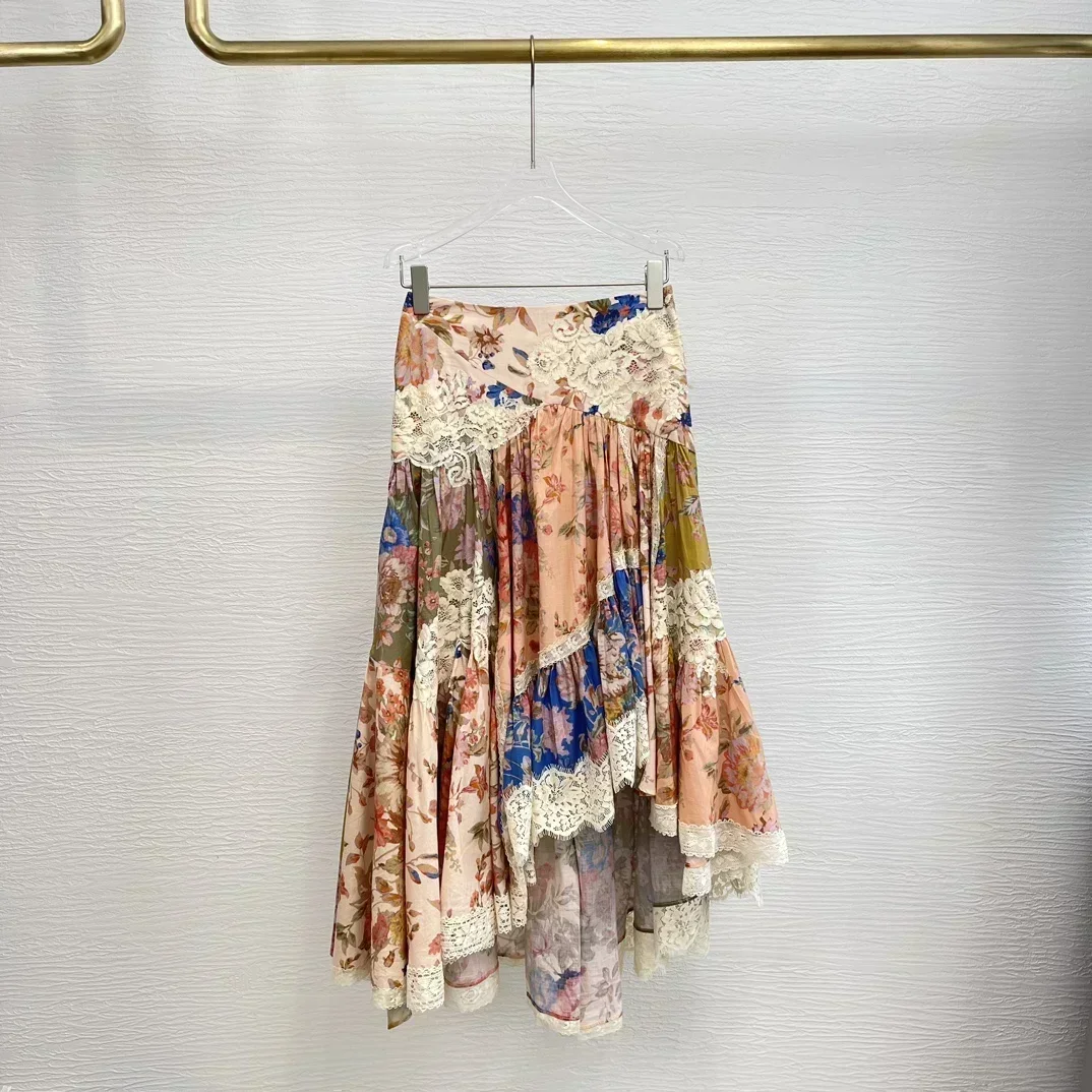

Pure Cotton 2024 New Floral Print Lace Patchwork Irregular High Quality Women Midi Skirt