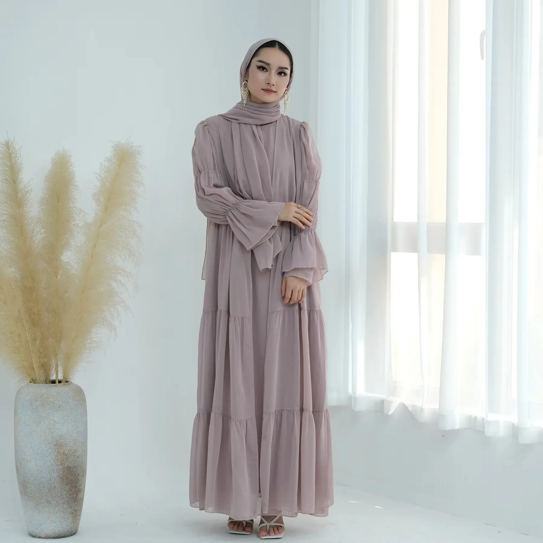 ชีฟอง SHEER เปิด Abaya ชุด Hijabi มุสลิมสตรี Ramadan เสื้อผ้าอิสลามดูไบตุรกี Kaftan Crepe Kimono เปิด Abayas