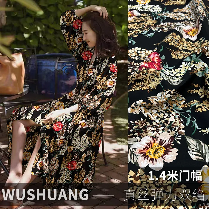 Black Base Gold Floral Print Silk Stretch Crepe De Chine Fabric Mulberry Silk Material For Dresses Blouse