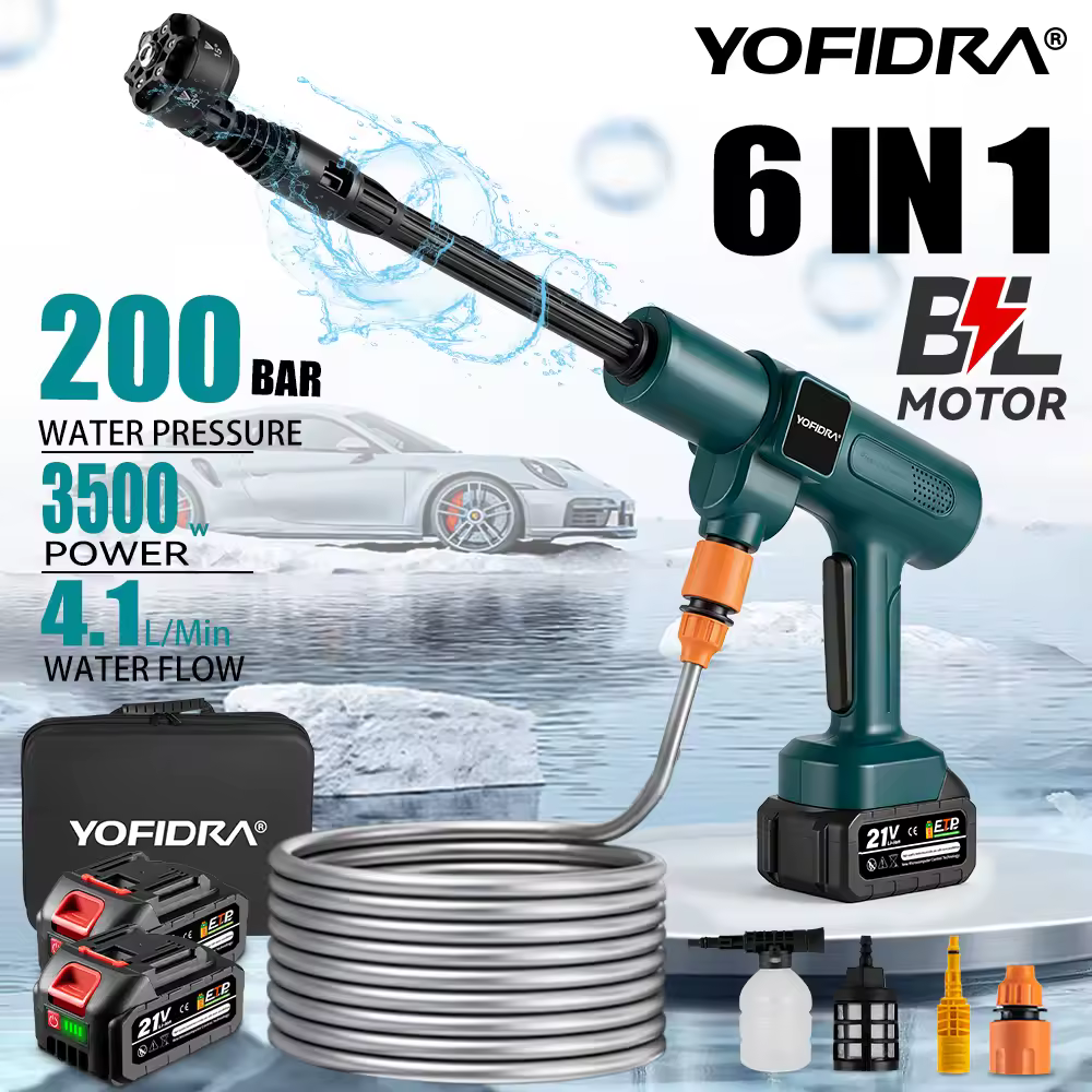 YOFIDRA 200Bar Brushless High Pressure Washer Water Gun Car + Bucket Wash Garden Cleaner Spray Gun For Makita 21V Battery Pin