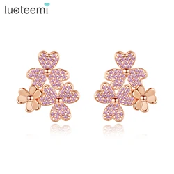 LUOTEEMI Lucky Four Leaf Flower Stud Earrings for Women Tiny CZ Stone Pave Fashion Jewelry for Women Dating Party Christmas Gift