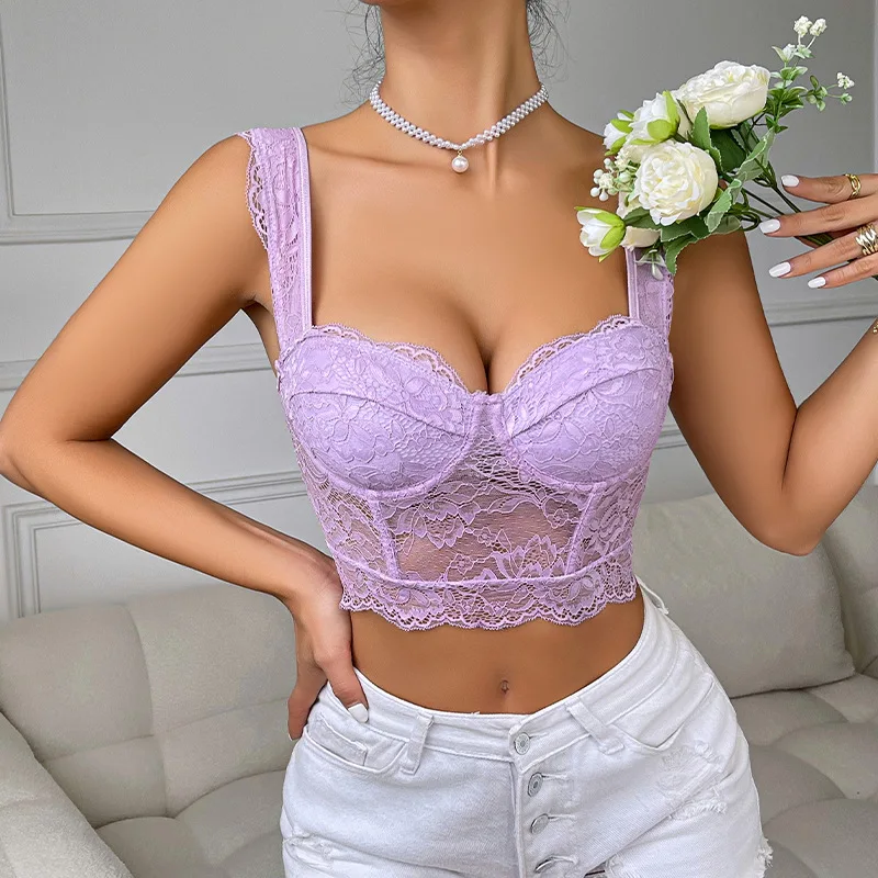 

Women's Hollow Out Lace See-through Tops Sexy Sleeveless Corset Camisole Backless Crop Top Summer Fashion Slim Vest Street Tanks