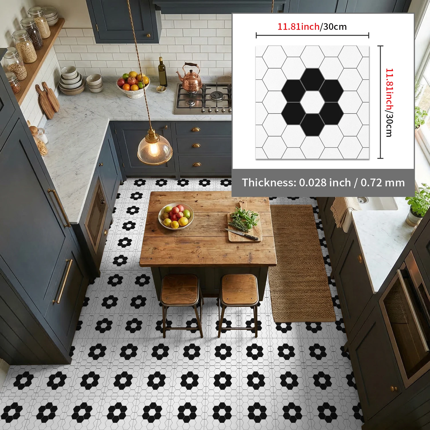 

Matte Hexagon Floor Stickers, 0.72mm Thick Anti-Scratch Peel & Stick Tile Decals for Home Kitchen Bathroom Decor