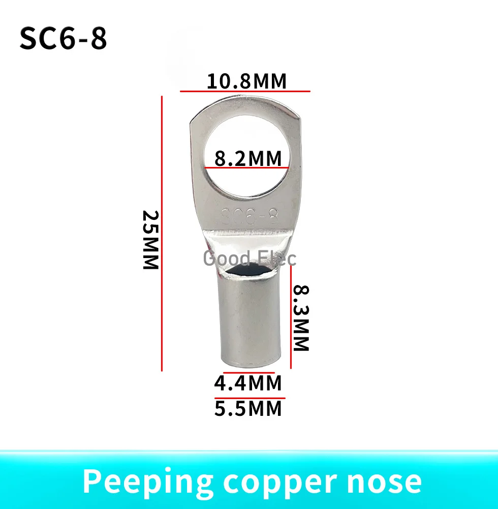 100PCS SC6-4 SC6-5 SC6-6 SC6-8 SC6-10 tinned copper 6mm bolt hole 6.0mm² cable lug battery connector crimping terminal