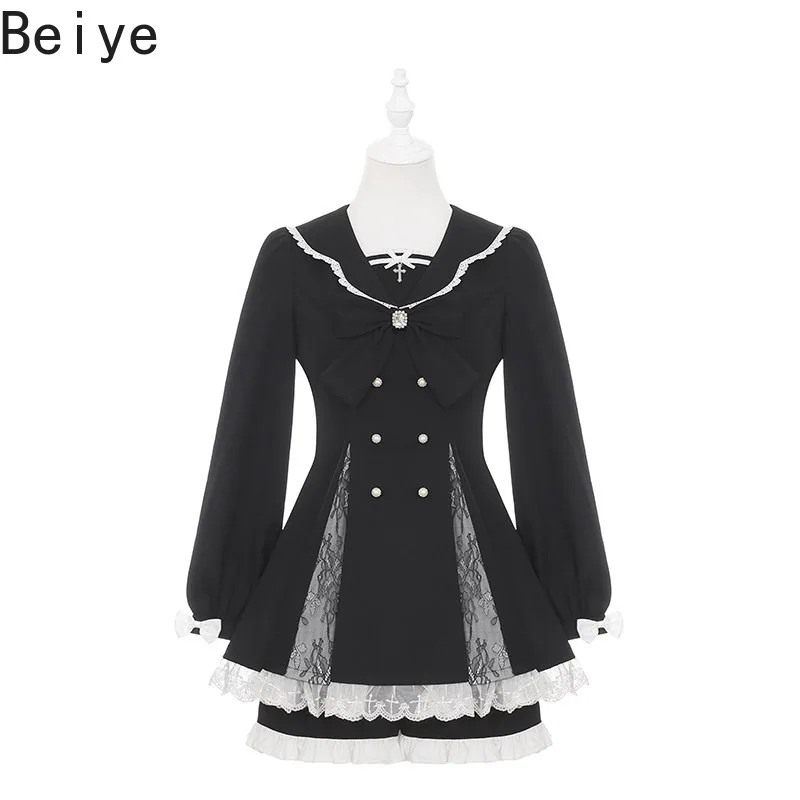 Kawaii Jirai Kei 2Pcs Set Female Sailor Collar Lace Trim Dress + Ruffled Shorts Japanese Harajuku Gothic Outfit for Women