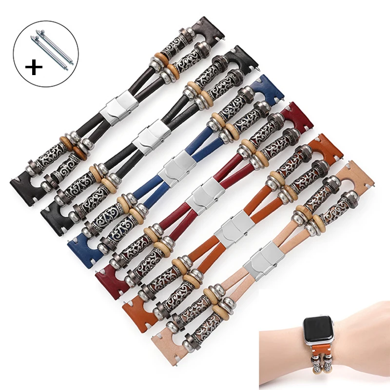 Strap 20mm 22mm Smart Sport Watch Band Head Layer Cowhide Alloy  Bracelet Ethnic Style Replacement Watchband