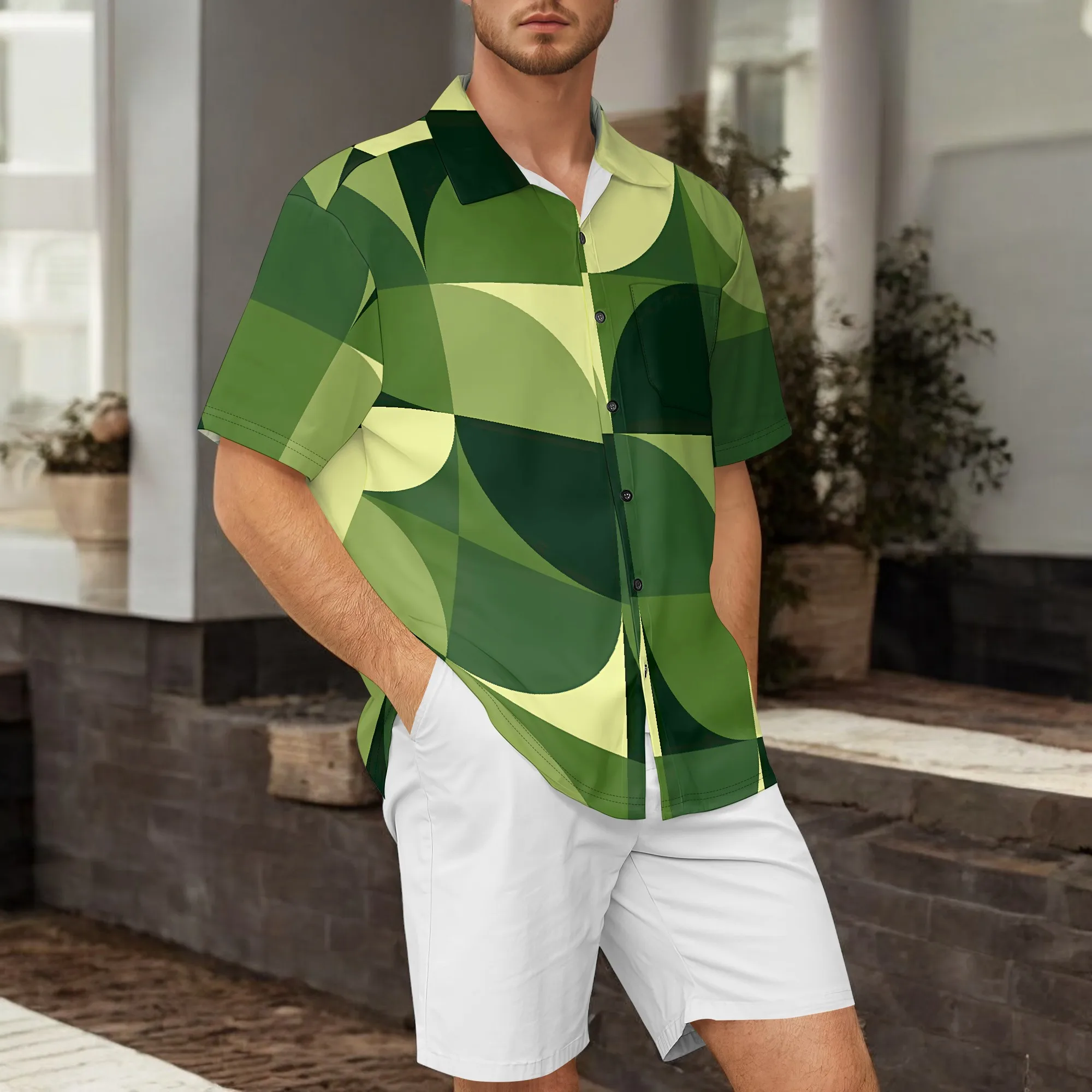

YEAE Green Geometric Fan Pattern Shirt for Men Summer Casual Short Sleeve Top