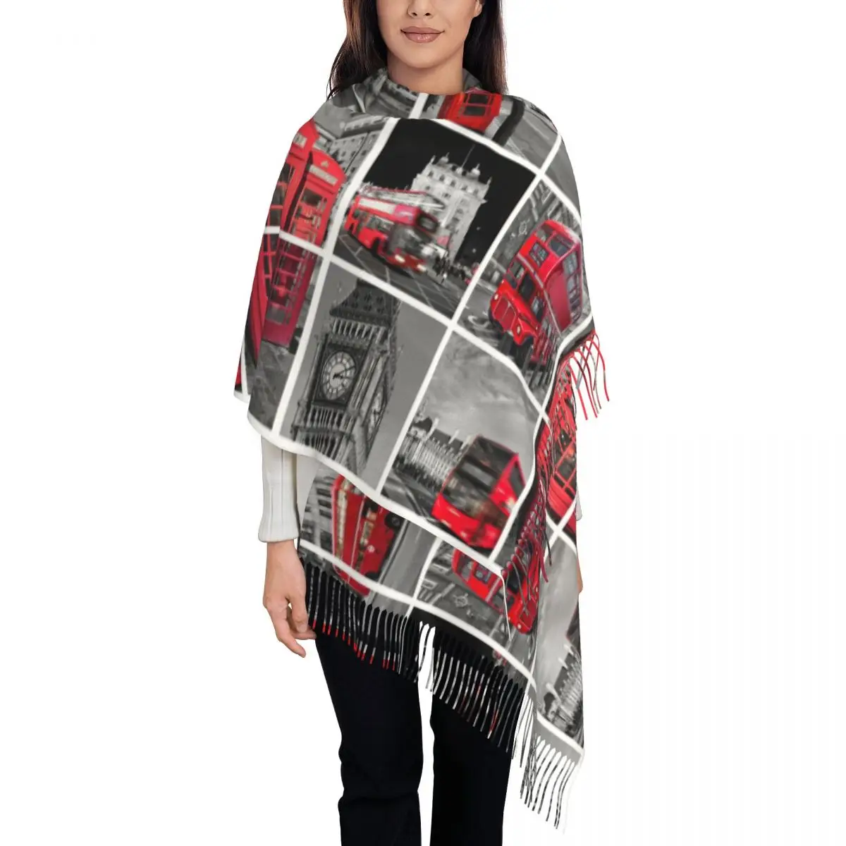 وشاح نسائي مع شرابة، شال بريطاني طويل للشتاء والخريف، لف حافلة لندن، طباعة حمراء، هدايا كلاسيكية في المملكة المتحدة، وشاح من الكشمير #1