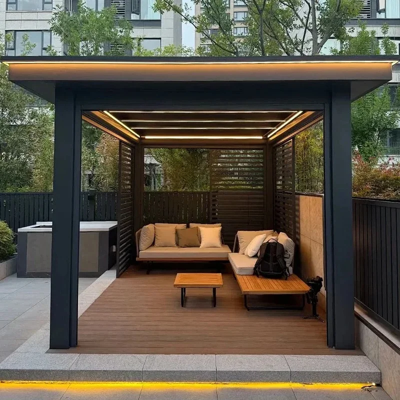 Aluminum Louver Bioclimatic Pergola Motorized Adjustable Roof LED Lights Weatherproof Balcony Outdoor Garden Powder Coated