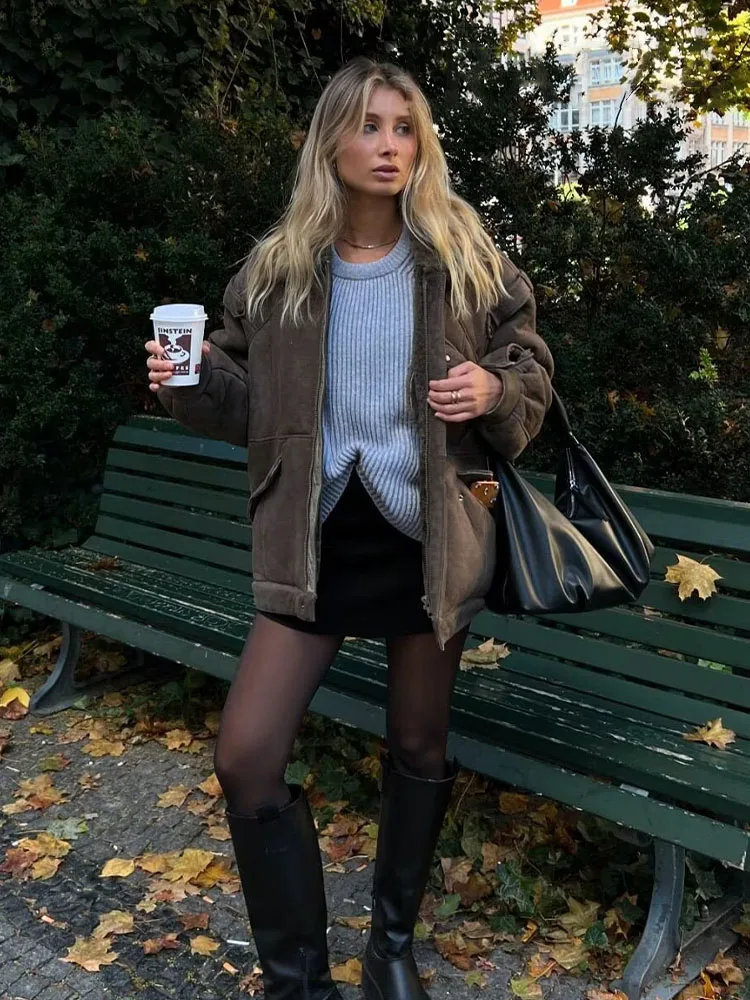 

TRAZFA женская осенняя модная замшевая юбка на бедрах в стиле ретро с защитными брюками внутри женская элегантная уличная повседневная юбка трапециевидной формы на молнии