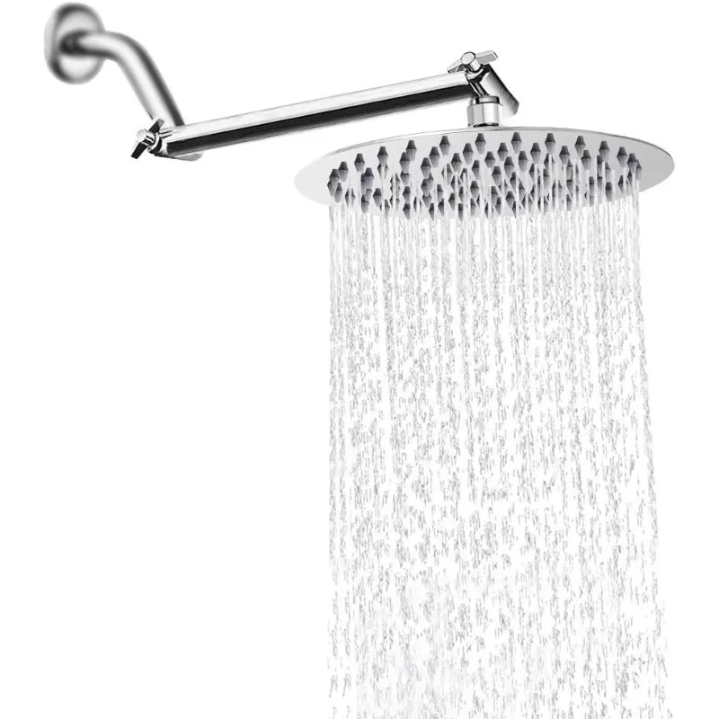 Rain Shower Head with 11'' Adjustable Arm, High Pressure Stainless Steel Rainfall Showerhead, Ultra-Thin Design - Pressure