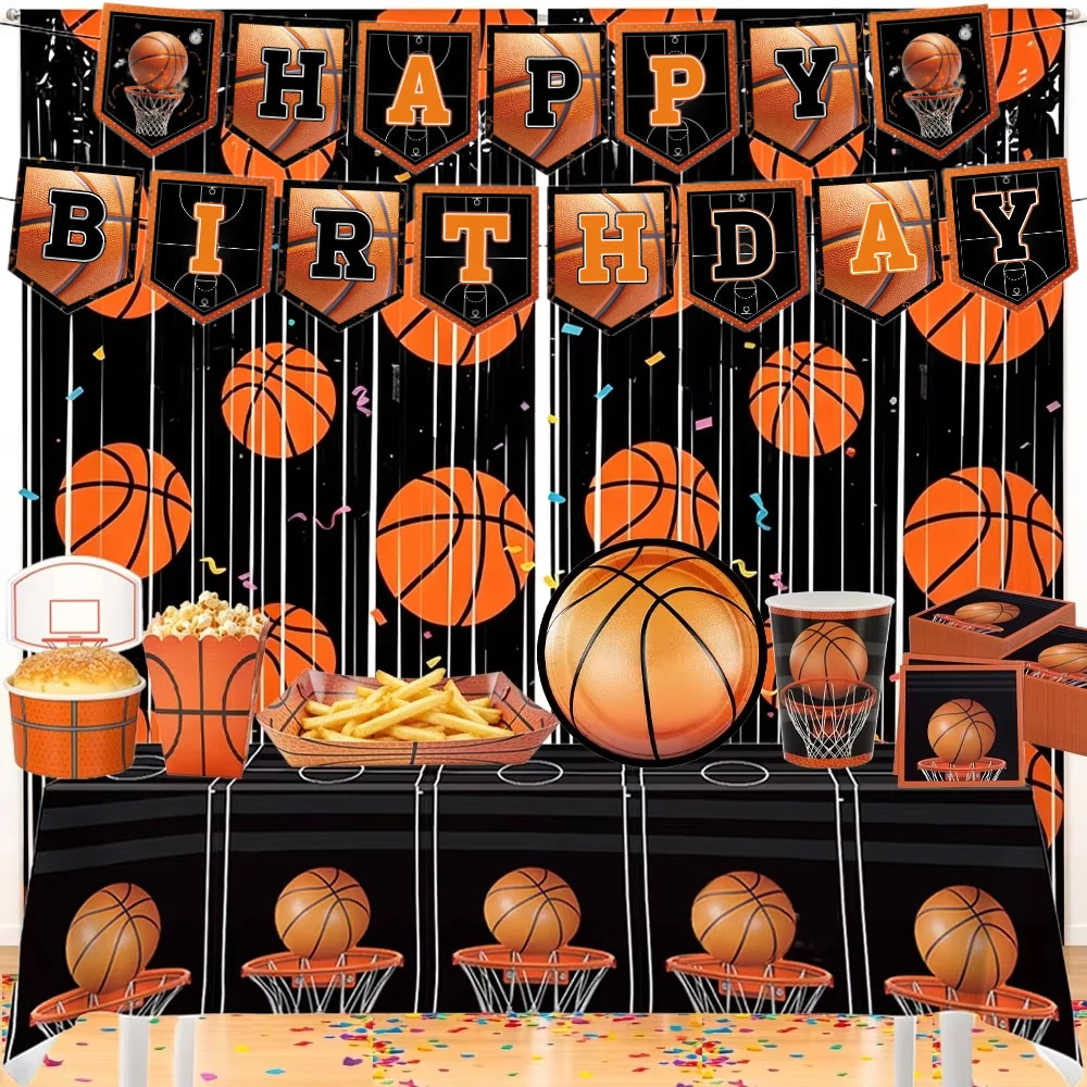 Basketball Party Supplies Paper Plates Cups Snack Bowl Tray Popcorn Boxes 1×2m Rain Silk Curtain Basketball Birthday Party Decor