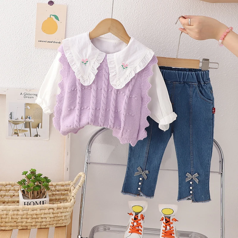 Autumn Baby Girls Knitted Vest Floral Lace Shirt Jeans Children Clothing Sets Kids Tracksuit Infant Princess Clothes Outfits