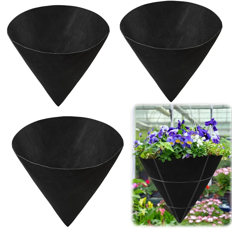 

ABFU-3PCS Cone Shaped Planter Basket Liners Replacement Inserts For Flower Hanging Non-Woven Planter Liners Black Felt Liners