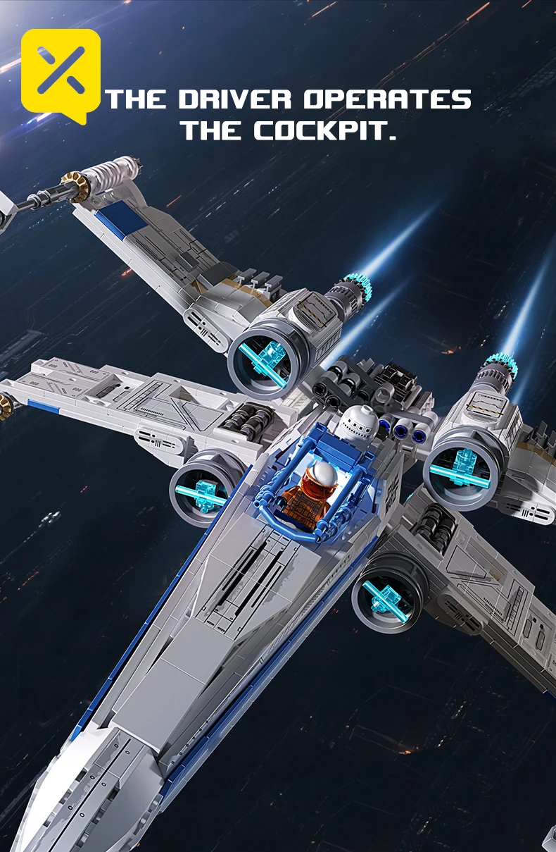 TOYLINX X-Wing Space Fighter Building Blocks Set LED Light Up Construction Toy Mechanical Space Vehicle with Pilot Bricks Gifts