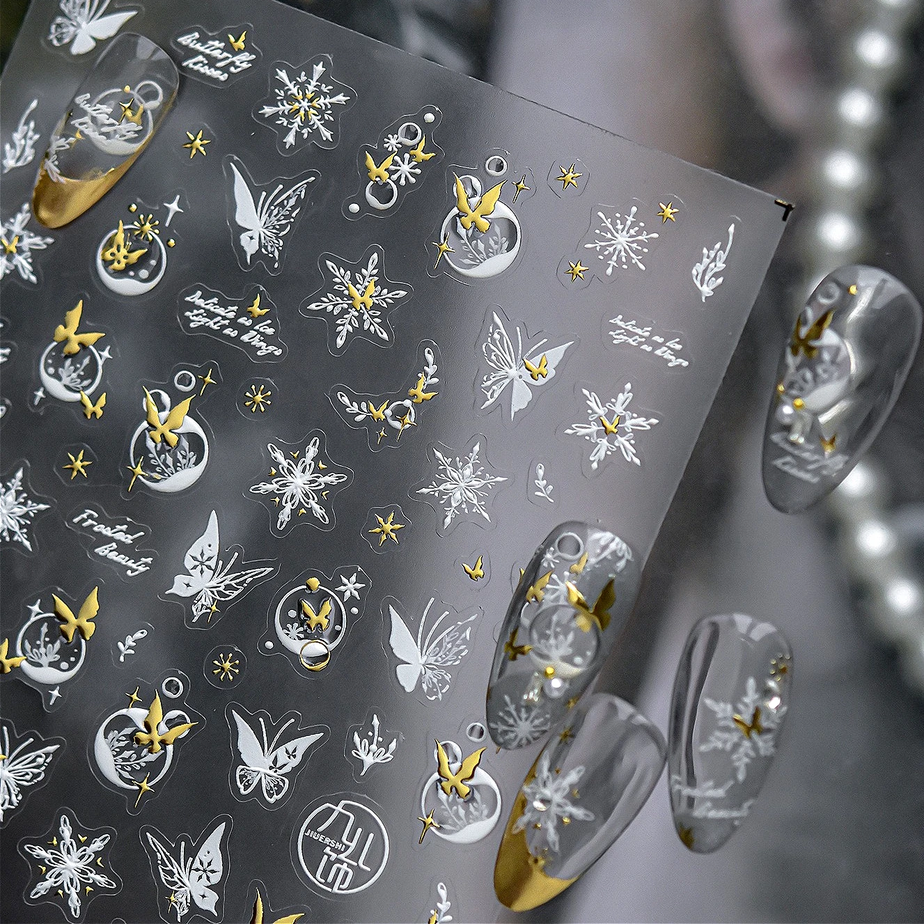 Mariposa blanca dorada, copos de nieve, perlas, rosas, lazo, estilo chino, ala de estrella de loto, pegatinas para decoración de uñas, calcomanías de herramientas de manicura