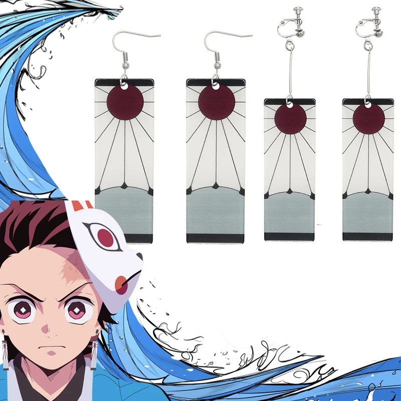 Fashion Acrylic Tanjiro Earrings Demon Slayer Earrings Anime Cosplay Props Hanafuda Drop Long Earrings for Women Girls Jewelry