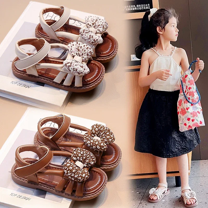 Children Sandals for Girls 2024 Summer New Fashion Comfortable Sweet Bowtie Elegant Princess Versatile Cool Roman Beach Shoes