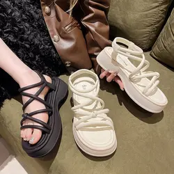 2024 Summer Low Sandals Woman Leather Suit Female Beige Women’s Shoes Clear Heels Low-heeled Retro New Black Gladiator Elastic B