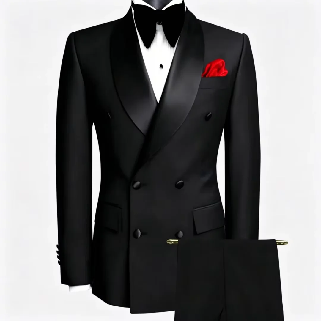 Black Men Suits 2 Piece Double Breasted Shaw Lapel Blazer Pants Set Fashion Business Slim Fit Formal Wedding Party Groom Tuxedo